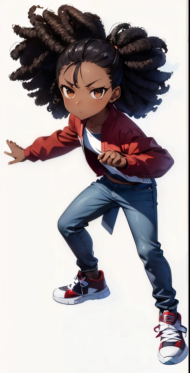 1girl, Masterpiece highres, MoMaltoR4, solo, simple, black hair, white, brown eyes, Red jacket, shoes, pants, dark skin, dark-skinned female, dark-skinned male, sneakers, curly hair, jeans, very dark skin, dreadlocks, afro