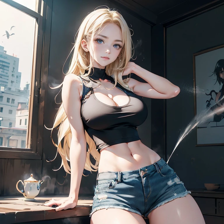 Anime Kawaii sexy Perfect Slim sensual body large breast and huge thighs, An intricate and highly detailed illustration of anime (Young girl) 最high qualiy、best quality image、work of art、adolescent((18-years old、 Becoming、vest bust、medium bust,wide open breast tea、Black eye, hair blonde、Usual hair、long hair、fine tune,higher valley、black tank top with navel、blue shorts、Holding a spray can、smug face、leaning forward)),high qualiy、linda arte、fund((Shining city、wand、graffit、paint))debris flies、Written limit depth、film、visual artwork、Perfect artwork、8k,genuine