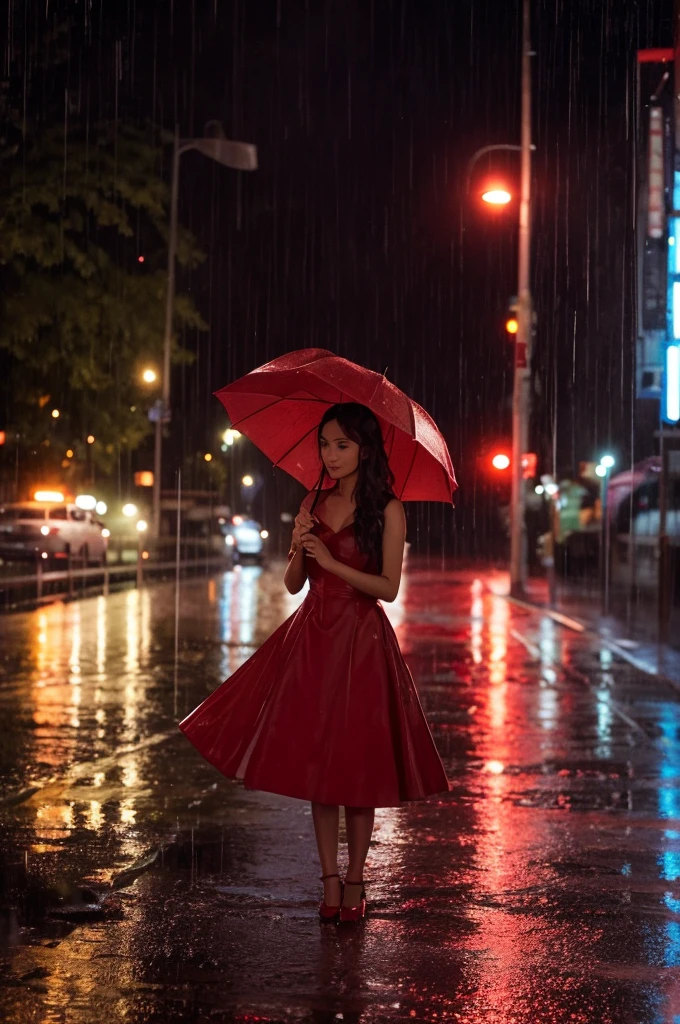 arafed woman in a red dress standing in the rain, pretty girl standing in the rain, raining portrait, at evening during rain, late night raining, raining at night, it is night and raining, scintillating, raining award winning photo, red and cinematic lighting, strong rain night, raining outside, star rain, rainy night