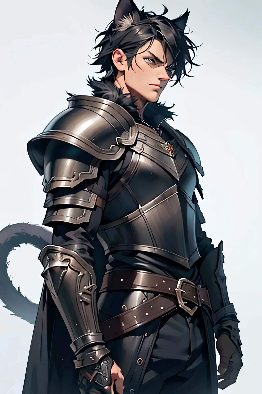 a highly detailed anthropomorphic cat boy in black leather armor, beautiful detailed eyes, detailed facial features, sharp claws, feline ears, black fur, dramatic lighting, cinematic angle, fantasy, intricate details, dark and gritty, moody atmosphere, chiaroscuro lighting, dramatic shadows, hyper-realistic, 8k, award winning digital art