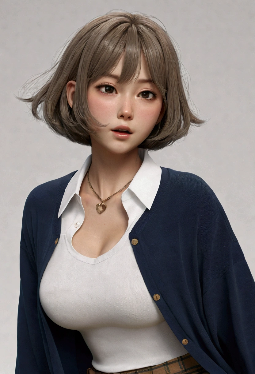 masterpiece, best quality, high quality, loose long hair, black background, dramatic diagonal lighting, painterly, detailed clothes, detailed, rembrandt lighting, solo, (black hair:1.2), bob cut, short hair, tomboy, black eyes, long eyelashes, half-closed eyes, (red-framed eyewear:1.1), black choker, hime-cut hair, adult, mature, black eyeliner, ear piercing, BREAK solo, standing, big breasts, adult, tall, white collared shirt, long sleeves, light brown cardigan, open cardigan, black pleated skirt, black microskirt, black miniskirt, (black thighhighs:1.1), (shirt tucked in:1.1), black nails, skinny, BREAK white background, simple background,