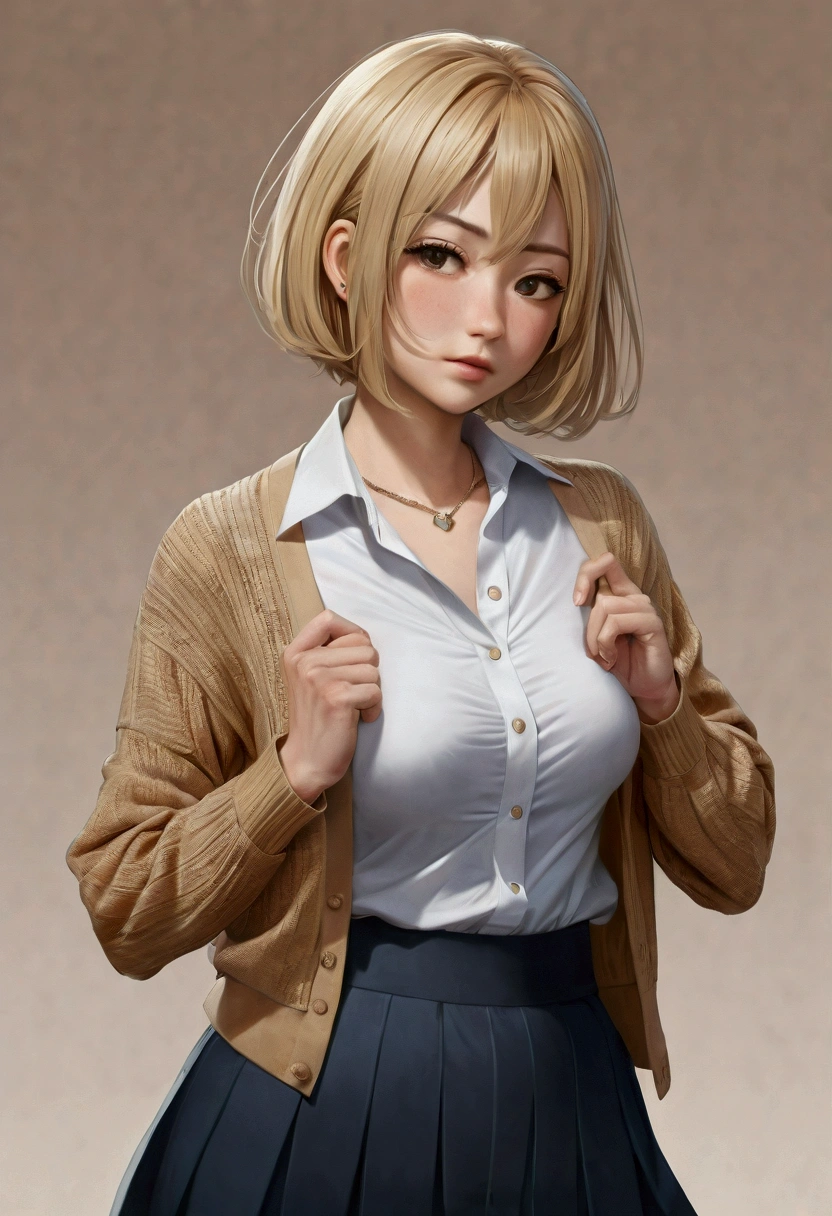 masterpiece, Highest quality, Browsing Caution, Faceless woman,
One girl, guide, Upper Body, close, Erect nipples, (Hand Pull, I pulled it myself, pull clothes, Pulling on shirt:1.2), Open cloth, profile, Embarrassing, blush, ((sweat,steam,Vulgar face、ahegao:1.2),
break cute, , ((short hair):1.3), Blonde, (Dark Skin:1.3), Heart Necklace, Huge breasts, close your eyes,
break school uniform, Collared shirt, Navy Mini Skirt, Wear a cardigan,
break (Unbuttoned light brown cardigan), Sleeves are longer than the wrist, Cleavage, clavicle, White socks,
classroom,