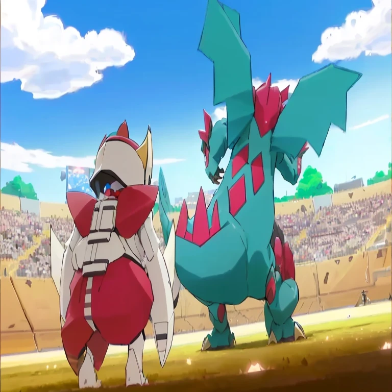 pokemon is standing next to a giant dragon in a stadium, giratina, gelbooru anime image, intense battle, pokemon military drill, new pokemon, pokemon fighting at world war 2, intense fighting, official art, they are fighting very angry, by Alexander Fedosav, by Viktor de Jeney, pokemon sword and sheild, ken sugimori art