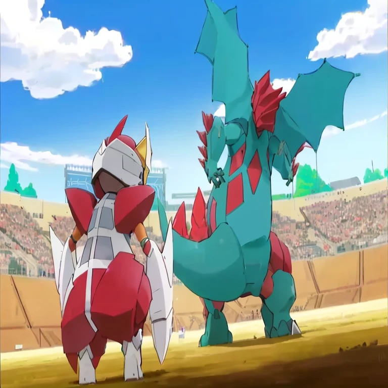 pokemon is standing next to a giant dragon in a stadium, giratina, gelbooru anime image, intense battle, pokemon military drill, new pokemon, pokemon fighting at world war 2, intense fighting, official art, they are fighting very angry, by Alexander Fedosav, by Viktor de Jeney, pokemon sword and sheild, ken sugimori art