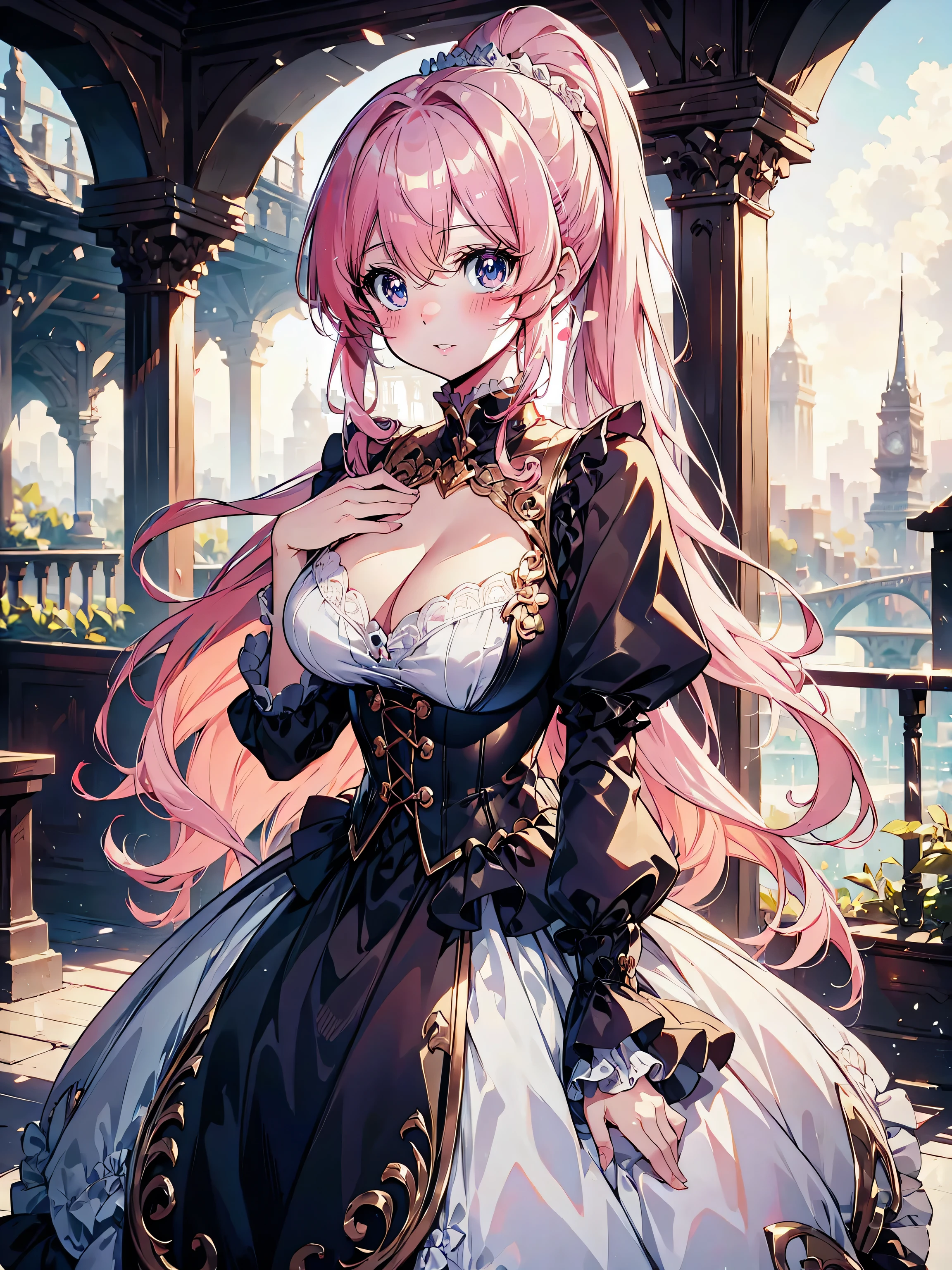 ((Superbly detailed drawing, ultra detailed, exquisite quality, absolutely resolution)), (((Unsurpassed gorgeous rococo gown))), ((voluminous huge hoopskirt and long hems)), solo girl, beautiful and very kawaii face, kawaii face, (ponytail, fluffy pink hair:1.2), smooth curly hair, (Expressive hair:1.2), (super voluminous long hair:1.2), (cowboy shot), (huge breasts), (((perfect hands))), (face focus, blurry background, depth of field:1.35)