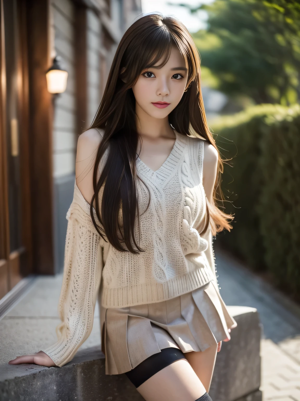 masterpiece, best quality, ultra-detailed, hyperdetailed, realistic, sharp features, highly detailed, sharp focus, Realistic, Photorealistic:1.3, (19 years old:1.3), perfect face, perfect symmetrically eyes, perfect lips, (no makeup), hyper detailed, hyper realistic, high resolution, Fashion Model, Japanese Idol, Slender, brown hair, Stylish, Beautiful Face, light brown hair, messy hair, diagonal bangs, (seductive smile), (looking at viewer), cinematic lighting, blurred background, (knit:1.2), ((Pleated miniskirt, black high socks)), (leaning on wall), 