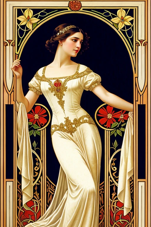 Detailed art nouveau painting, high quality, elegant woman full of grace 
