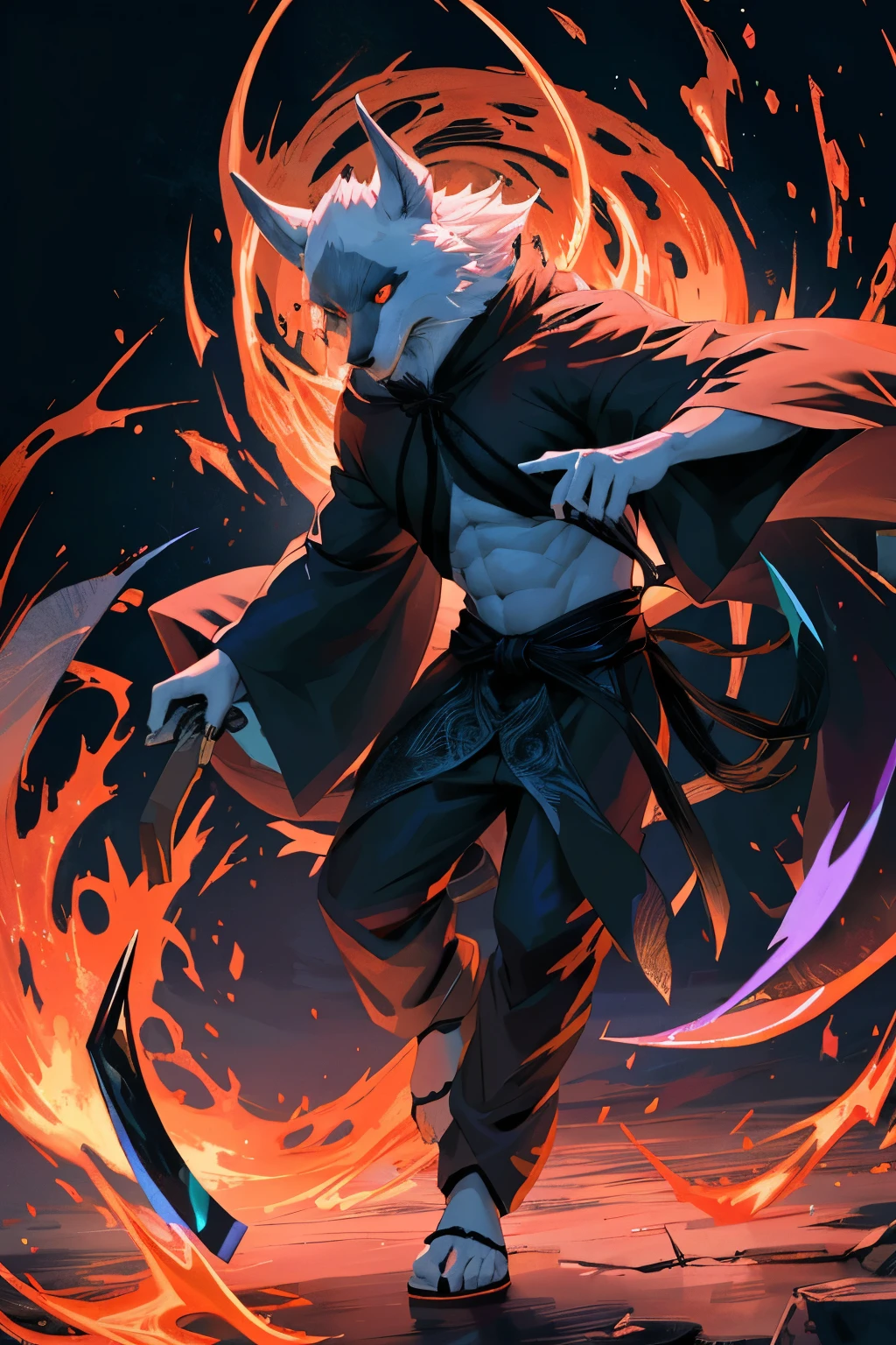 masterpiece,high quality,\(artwork)\,(Fluffy hair,Gray hair,White hair,whole body毛发,).Boys,Gray Wolf,Red left eye,Green right eye,Black hair,Long hair,Bright Eyes,panoramic,character focus,Detailed background,Red round moon,whole body,Fighting Stance,Hands on the ground,Sitting on a telephone pole,Cold expression,Delicate eyes,Correct human anatomy,Four fingers,Furry Anthropomorphic,Skinny,Wearing a fox-like mask,Detailed limbs,Spiky Single Ponytail, Delicate body hair,No muscles,Disheveled clothes,Hold the knife in your left hand,machete,Obvious crotch bulge