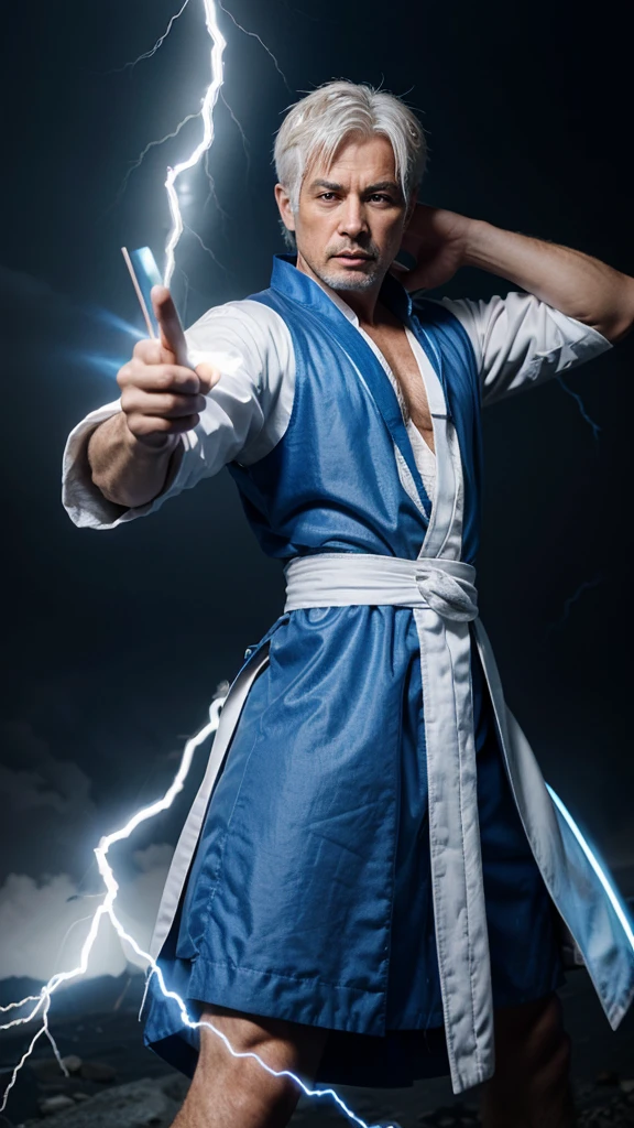 White-haired middle-aged man with lightning bolts in his hands, blue Daoist robes, strong
