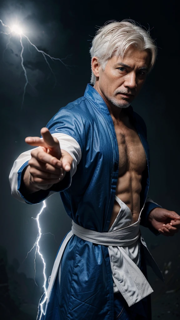 White-haired middle-aged man with lightning bolts in his hands, blue Daoist robes, strong