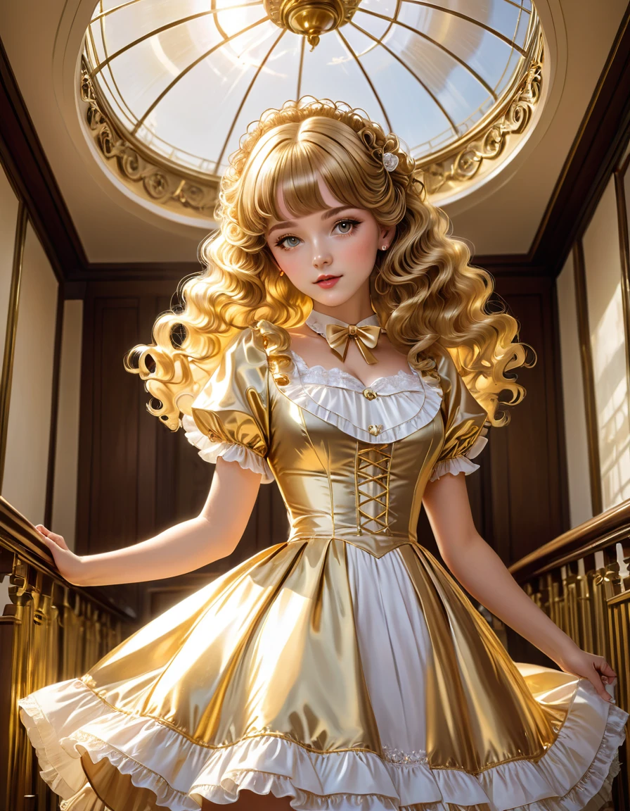 one beautiful Germans girl,(gold long permanent wave hair),wearing Lolita dress,(masterpiece), (best quality), (ultra-detailed), (illustration), (detailed light),(an extremely delicate and beautiful),natural light, wide angle shot,full body,and high quality photo.