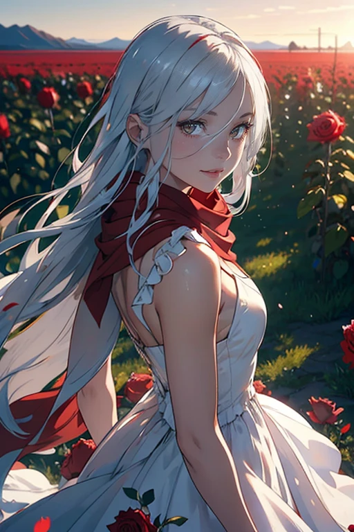 a beautiful young woman with long silver hair, golden eyes, and fair skin, wearing a white evening dress and a red scarf, standing in a rose field with red flowers and flying petals, smiling and looking out at the panoramic landscape, high-quality 8K CGI, masterpiece, ultra-detailed, best quality, realistic, cinematic angle, shallow depth of field, bust shot, upper body