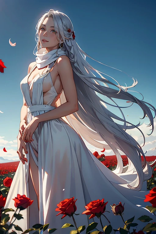 a beautiful young woman with long silver hair, golden eyes, and fair skin, wearing a white evening dress and a red scarf, standing in a rose field with red flowers and flying petals, smiling and looking out at the panoramic landscape, high-quality 8K CGI, masterpiece, ultra-detailed, best quality, realistic, cinematic angle, shallow depth of field, bust shot, upper body