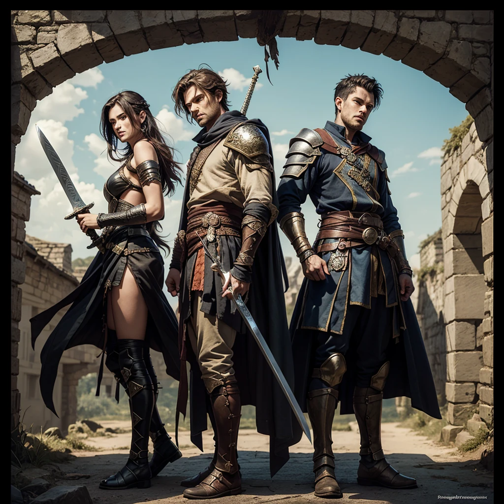 warrior and thief by Dungeon and Dragons that cross his sword and his dagger, thief on the right side and warrior on the other side, they clash their shoulders in the name of friendship, knowing look, frame inspired by a broken arch positioned on the lower side, characters drawn half-length.