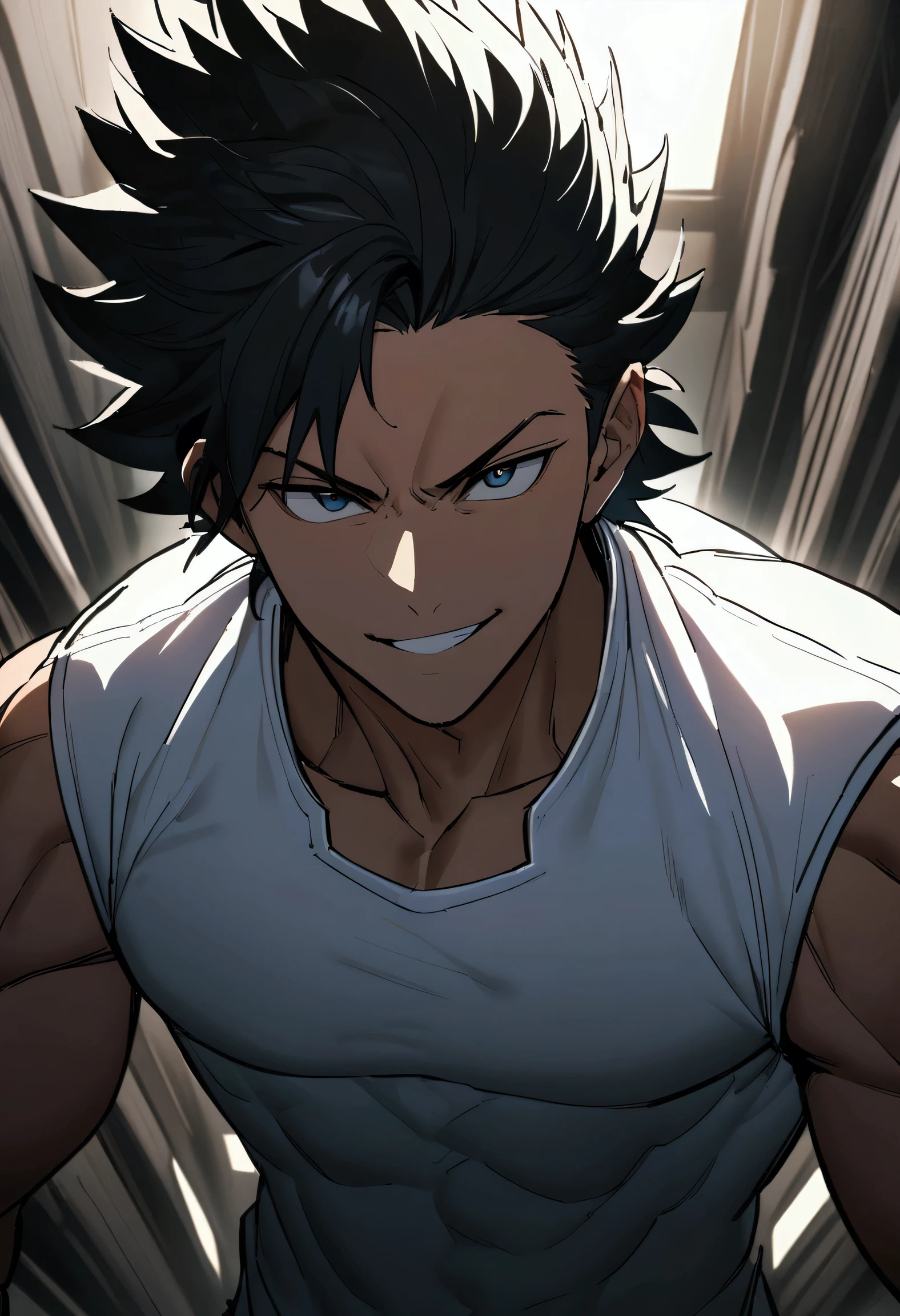 teenage boy, hair combed up, short length hair, Bblack hair, eyes black, 2.30 tall, chest and muscular arms, confident grin, white shirt, school blue jacket.