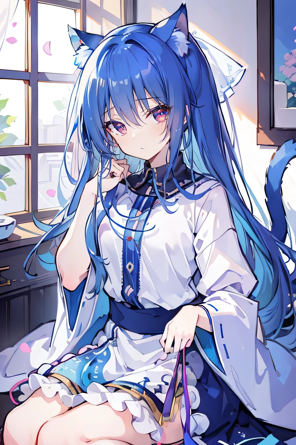 (Masterpiece:1.2),Ultra-detailed,lifelike,The eyes are expressive,Fair skin,Perfect face shape,1 girl,Japanese Manga,Gorgeous blue hair,Flowing blue hair,Flowing clothes,Cat ears,Petals falling,Shy face,sitting on window,Place your hand on your lips.,sportswear。