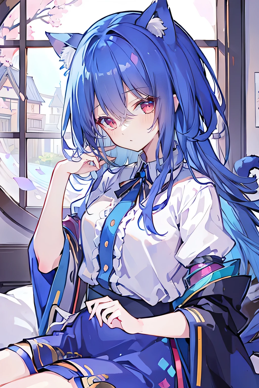 (Masterpiece:1.2),Ultra-detailed,lifelike,The eyes are expressive,Fair skin,Perfect face shape,1 girl,Japanese Manga,Gorgeous blue hair,Flowing blue hair,Flowing clothes,Cat ears,Petals falling,Shy face,sitting on window,Place your hand on your lips.,sportswear。