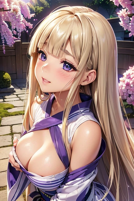#Basics A girl is posing for a photo, (((One Girl))), (((Baby Face:1.4)) + ((cute:1.4)) + (())),
break
#Clothing Accessories
((Purple and white)yukata : Striped pattern + Blue band + Long sleeve + Wide sleeves + Long Length), (geta),
break
#Features
((Blonde)), ((blunt bangs:1.5)), ((Chest-length sideburns:1.4)), (((Straight Long Hair) : Long Hair + Voluminous Hair + Straight hair)),
((Droopy eyes:1.4, Big eyes:1.2), blue eyes),
break
#background environment
((noon + Sunshine, Japanese garden)),
#Facial Expression Pose
((smile, blush), (squat, hand in own hair)),
#composition
((Face the camera, (Side angle), (full body))),
break
#Body parts elements
(Slim figure),
(Detailed Hair, Beautiful Hair, Shiny Hair),
(double eyelid, Long eyelashes, Thin eyebrows:1.4),
(Expression of fine eyes, Beautiful and delicate eyes, Sparkling eyes, Eye Reflexes, Glitter Eyeliner),
(Human Ear),
(Beautiful Nose, Thin Nose),
(Glossy Lips, Beautiful Lips, Thick lips), (Symmetrical facial features),
(Detailed skin, Textured skin, Beautiful Skin, Oily skin),
break
#Quality Image Quality Common
(((Highest quality)), ((masterpiece)), ((Very detailed))), ((Ultra-high resolution)), ((16K, 1080P)), ((Full HD)),
(Anatomically correct), (Realistic), (3DCG), (Oil painting),
((comics, anime)), (CG illustration), (RAW Photos),