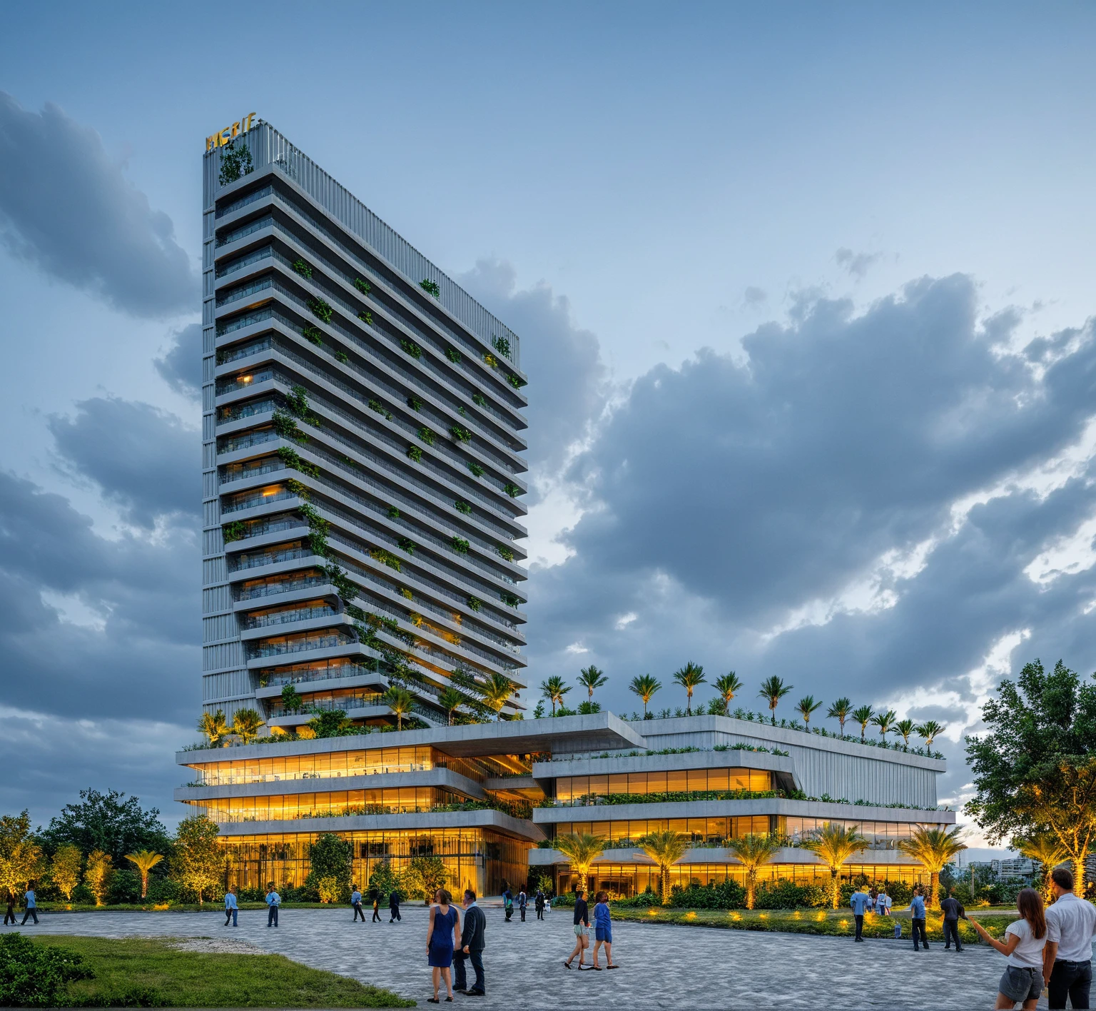 office building; facade lighting of modern architecture of business centers; dark evening shot; best example of architectural lighting; nice landscape surround; street marking; realistic photo