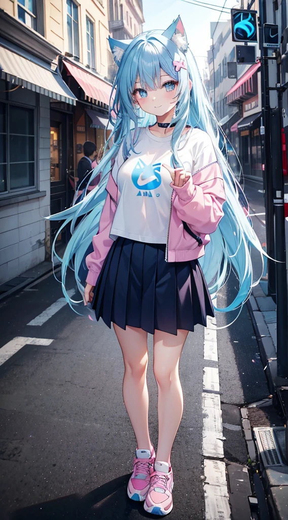 A girl with long blue hair that turns pink at the bottom, cat ears, two different eyes, one pink and the other blue, wearing a light blue shirt that shows her breasts a little, a dark blue short skirt, and white Nike shoes, stands on the sidewalk among a few peoples, She smiles, looks at the viewer, and makes the peace symbol with her fingers