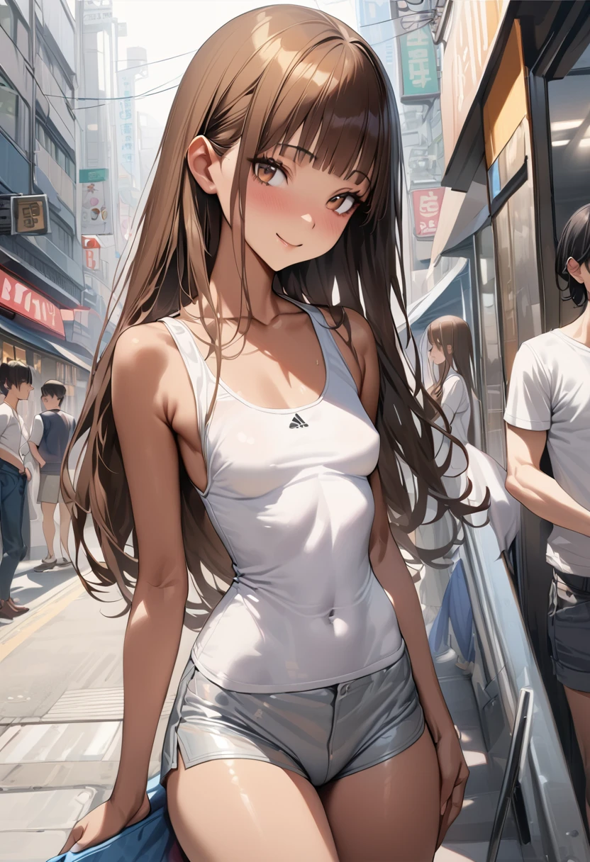 ((masterpiece,best quality anime,Highest quality:1.3)),realistic,cowboy shot,20 year old beauty,独奏,1woman,((very small head:1.3)),((very long body:1.2)),ideal ratio body proportions,tan skin,brown hair,bangs,straight long hair,gorgeous eyes,brown eyes,smile,White tank top、Light grey cotton shorts,((slender body,skinny,toned body)),small breasts,gleaming skin,、on street,Shibuya Station、、