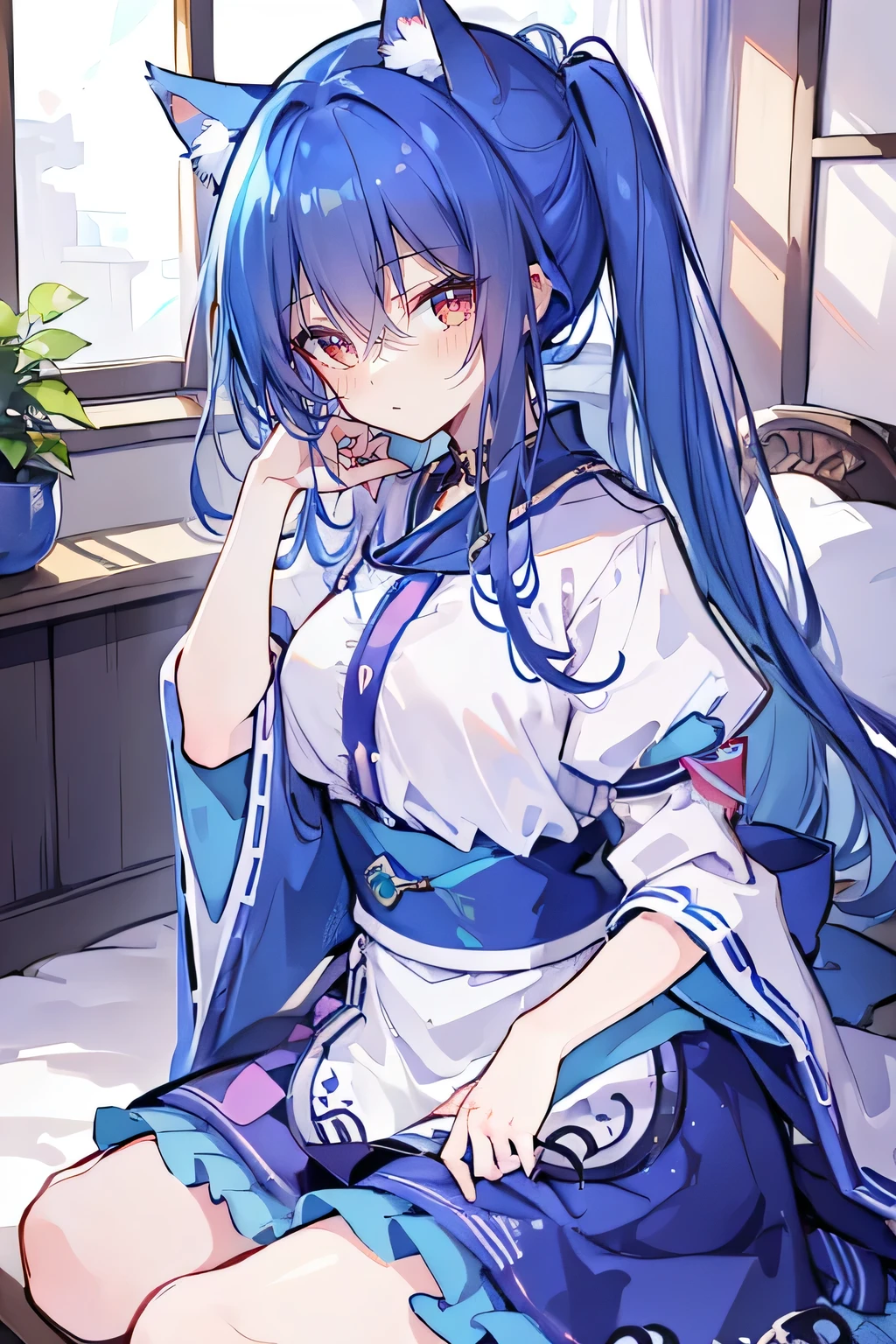 (Masterpiece:1.2),Ultra-detailed,lifelike,The eyes are expressive,Fair skin,Perfect face shape,1 girl,Japanese Manga,Gorgeous blue hair,Flowing blue hair,Flowing clothes,Cat ears,Petals falling,Shy face,sitting on window,Place your hand on your lips.,(sportswear)。
