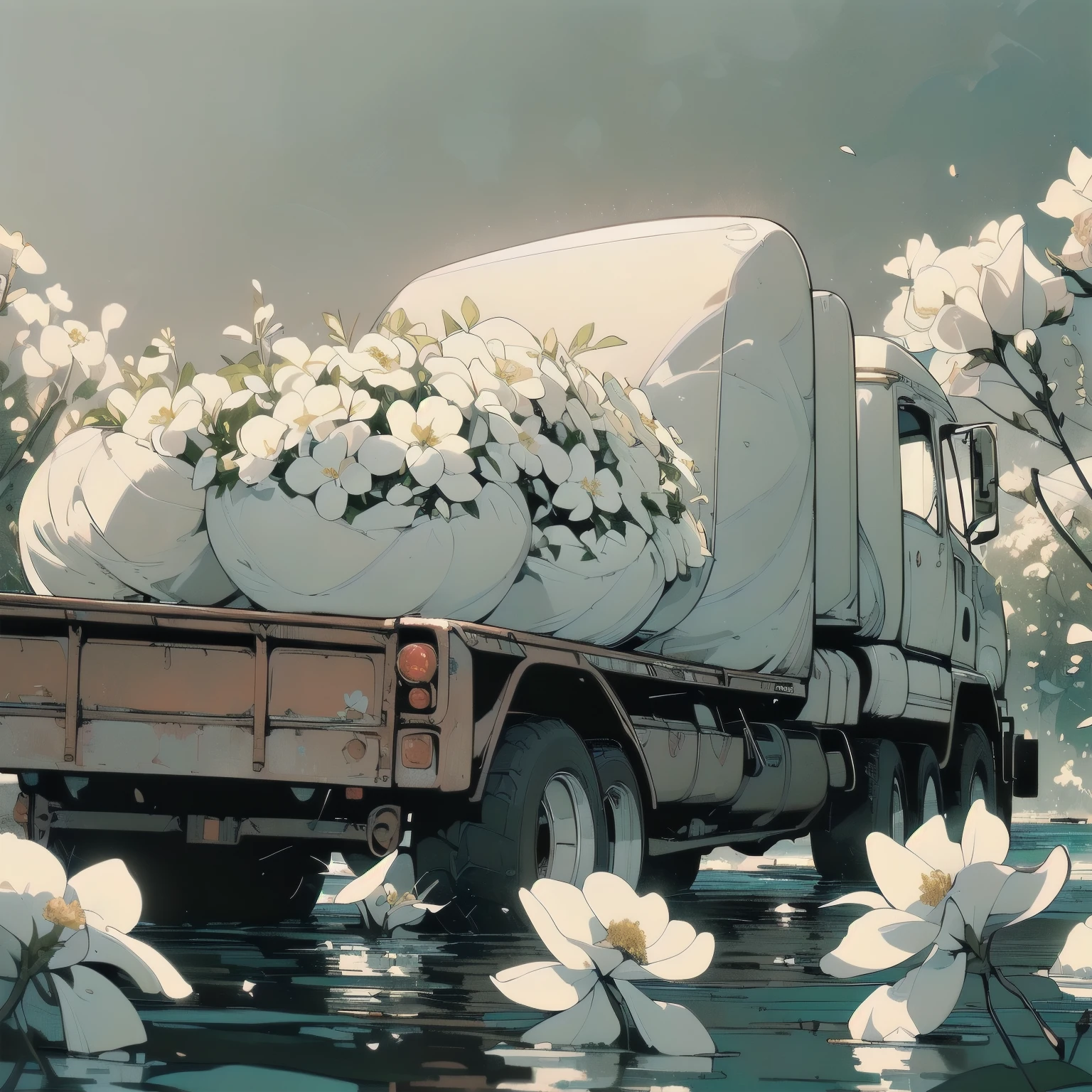 (((Masterpiece, top quality))), (((32K wallpaper))), ultra high resolution, (((close-up))), gorgeous light leak, (((backlit))), highly detailed background, top quality, (((no humans))), highly transparent river, (((extremely detailed rusty heavy truck with many white flowers)), (((( very dull color )))), (((( white flowers in the water))), (((White petals fly)))
