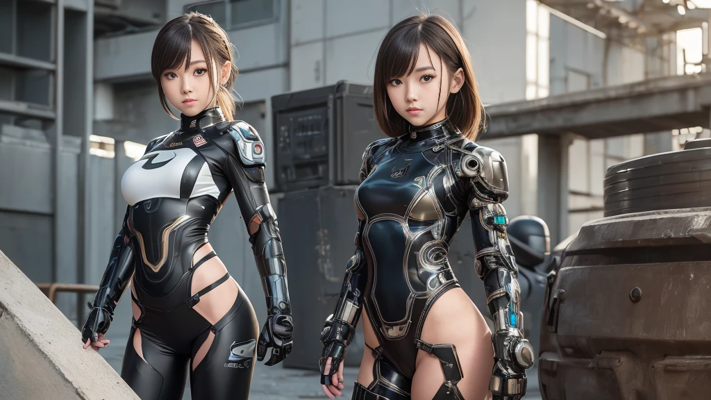 high quality, ​masterpiece, two close friends, Beautiful tween girls, sitting or kneeling, small skinny girls, cute girl face, cyberpunk, Wearing futuristic robotic tactical armor cyberpunk suit with cutouts showing abs, skinny athletic body, innocent, playful, Famous actresses of Japan, very beautiful face