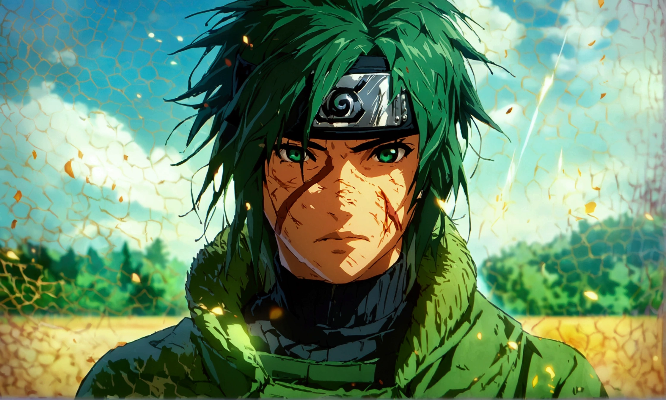 Man, thin and defined body, long green hair, green eyes, bruised and scarred body, dark green coat, training field background, "Anime character design inspired by Naruto, full of dramatic and impressive lighting, focus on the centralized character, impressive face, full of creative details, ultra-fine 2D design, scenery bathed in creativity, boasting 2D anime resolution clarity, HD anime graphics, high-octane rendering"