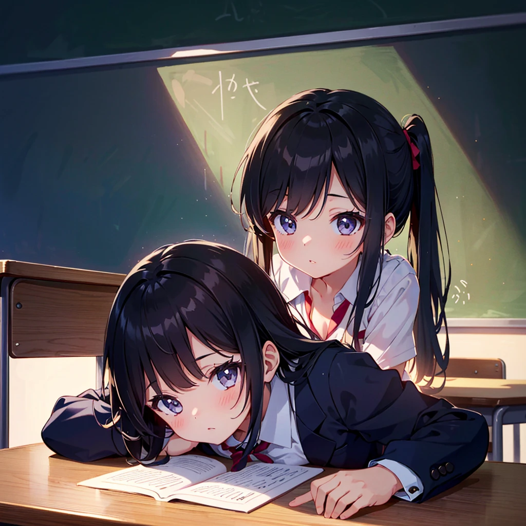 {{{Masterpiece, highest quality, high-resolution background}}}, bright and beautiful atmosphere, 1 girl (2 years old, 1 short-tempered round face), small breasts, classroom, girl lying absentmindedly on the desk, School uniform, pencil on nose, "deltamon_sdXL :0.73) >Deltamon"