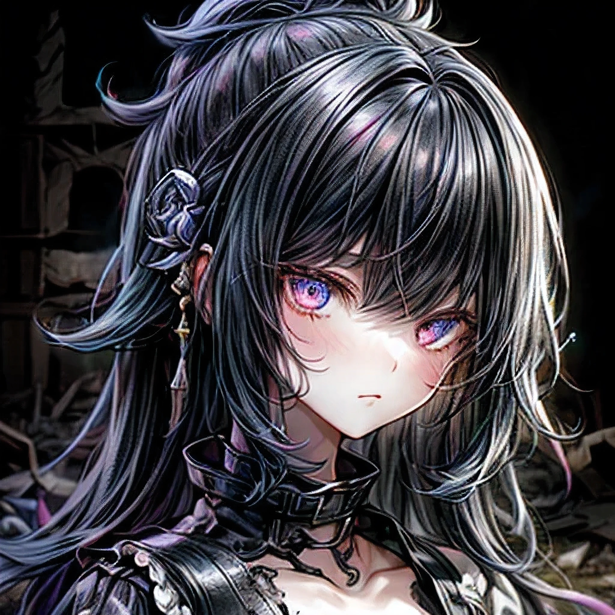 1girl, in a destroyed place, dark, black hair, detailed details