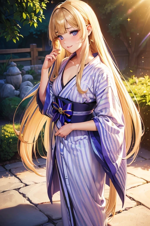 #Basics A girl is posing for a photo, (((One Girl))), (((Baby Face:1.4)) + ((cute:1.4)) + ((15 years old))), 
break 

#Clothing Accessories 
((Purple and white)yukata : Striped pattern + Blue band + Long sleeve + Wide sleeves + Long Length), (geta),  
break 

#Features 
((Blonde)), ((blunt bangs:1.5)), ((Chest-length sideburns:1.4)), (((Straight Long Hair) : Long Hair + Voluminous Hair + Straight hair)), 
((Droopy eyes:1.4, Big eyes:1.2), blue eyes), 
break 

#background environment 
((noon + Sunshine, Japanese garden)), 
#Facial Expression Pose  
((smile, blush), (Relaxed standing, hand in own hair)), 
#composition 
((Face the camera, (Side angle), (full body))), 
break 

#Body parts elements 
(Slim figure), 
(Detailed Hair, Beautiful Hair, Shiny Hair), 
(double eyelid, Long eyelashes, Thin eyebrows:1.4), 
(Expression of fine eyes, Beautiful and delicate eyes, Sparkling eyes, Eye Reflexes, Glitter Eyeliner), 
(Human Ear), 
(Beautiful Nose, Thin Nose), 
(Glossy Lips, Beautiful Lips, Thick lips), (Symmetrical facial features), 
(Detailed skin, Textured skin, Beautiful Skin, Oily skin), 
break 

#Quality Image Quality Common 
(((Highest quality)), ((masterpiece)), ((Very detailed))), ((Ultra-high resolution)), ((16K, 1080P)), ((Full HD)), 
(Anatomically correct), (Realistic), (3DCG), (Oil painting), 
((comics, anime)), (CG illustration), (RAW Photos), 
