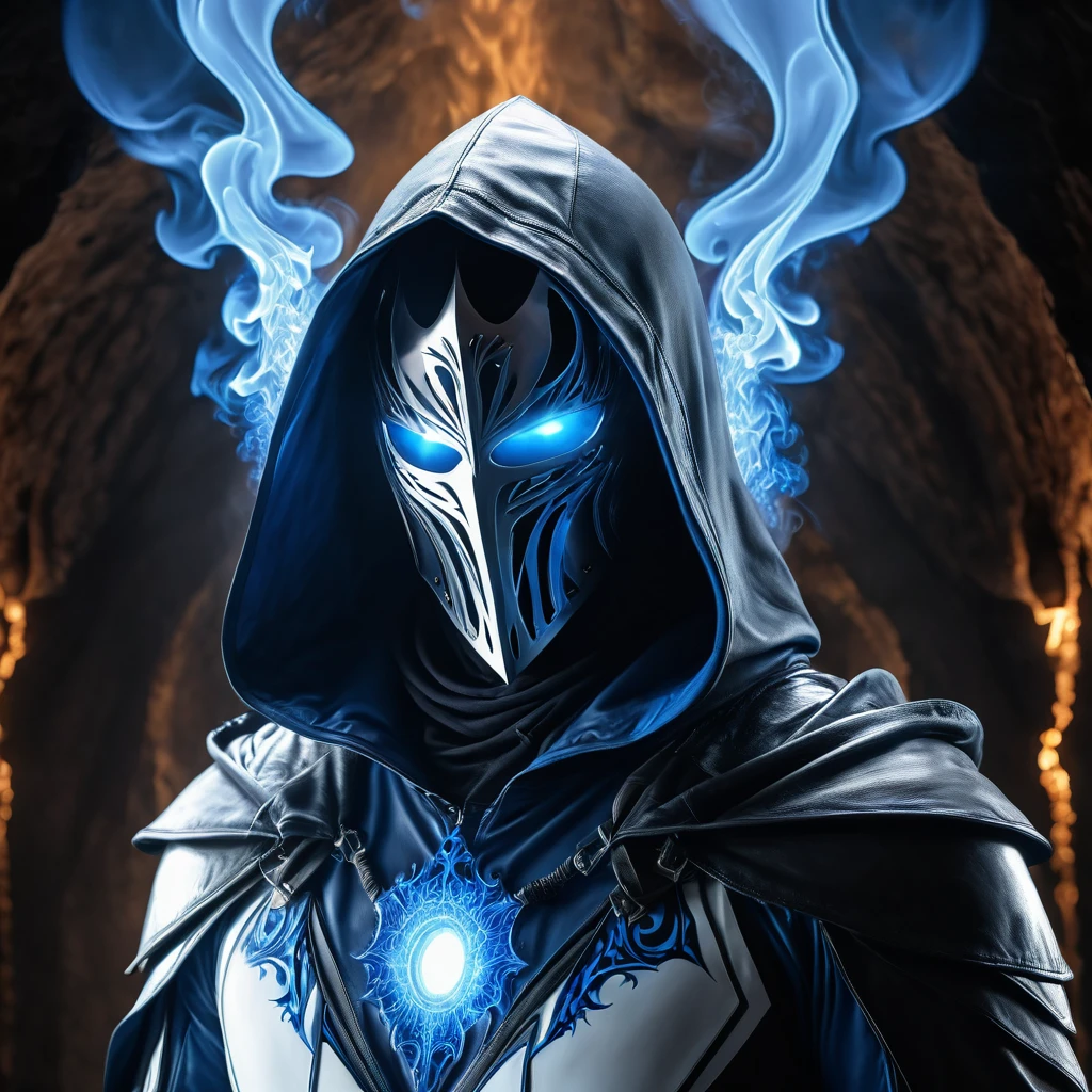Dark fantasy, shadow knights, (( white and Blue plug suit, black smoke in plug suit) ), (burning eyes:1) , (white, blue hooded cloak of leather material) , (fractal art:1.2) , cave background, transparency, caustics, optics, surreal, magic, masterpiece, perfect anatomy, 32k UHD resolution, best quality, highly detailed, photorealistic portrait, professional photography, cinematic angle, reflection lights, 8k sharp focus