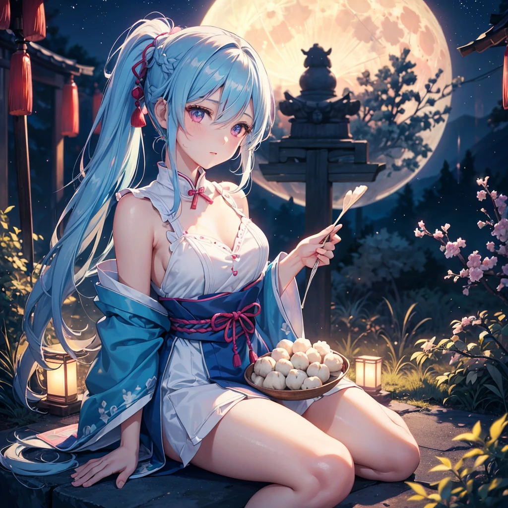 Sky blue hair, (Braided Ponytail:1.2), Pink eyes,Fair skin ,(whole body),(One Girl),Tsukimi,(White sweet dumplings ),White round dumplings,Japanese pampas grass,(beautiful, Full moon shining in the night sky),(masterpiece, Highest quality, Very detailed, Best Shadow), (Detailed Background), (Beautifully detailed face), High Contrast, (Best lighting, Very delicate and beautiful), ((Cinematic Light)), colorful, Hyper Detail,8k, Dramatic Light, Intricate details,Sit and eat dumplings while watching the moon,(Shadow of a rabbit on the moon),mysterious