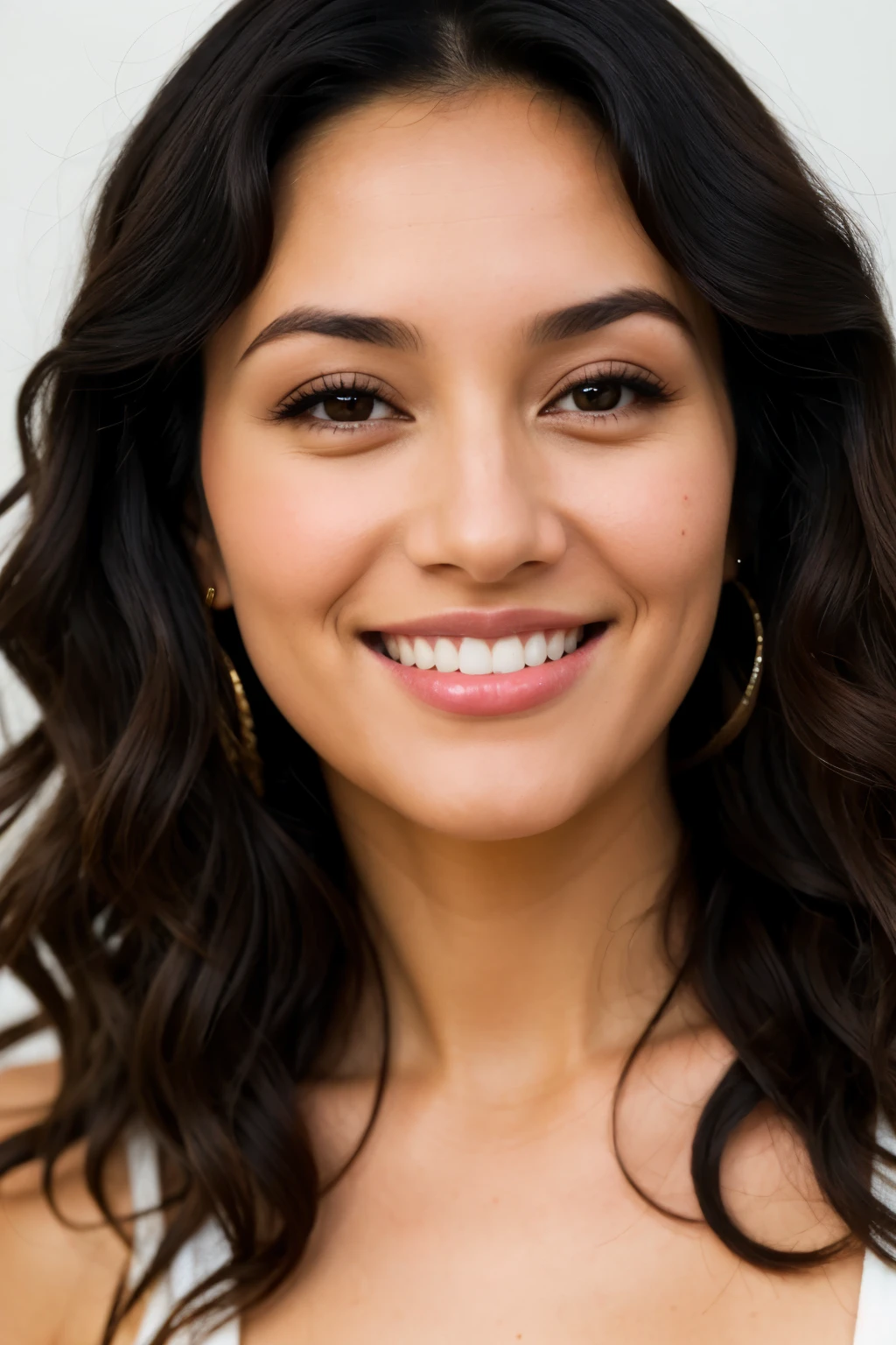 Beautiful 38 year old woman long curly black hair cinnamon skin brown eyes staring at camera smiling