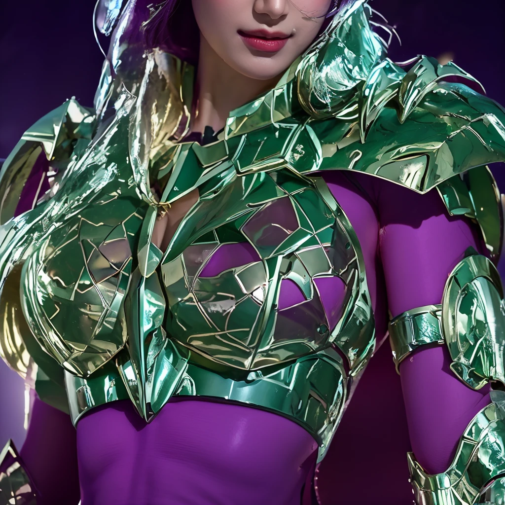 masterpiece, best quality, 超high resolution, Practical skin texture, armature, (Practical:1.4), high resolution, RAW photos, Glowing skin, Practical skin texture, Optimal lighting, shine, Dramatic Lighting, Dynamic poses, (Greek temple background:1.3), Night Sky, universe, Milky Way, A girl,((Large Breasts:1.3)),Balanced Eyes, Dragon Zilong in green and silver armor, Purple pants, Purple short-sleeved shirt, Wearing a dragon helmet, Roman skirt, (Breastplate:1.5), Very long hair, shield, cleveage,