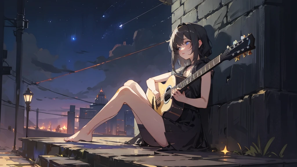 masterpiece,night,(dark alley),star、Night Sky、milky way、octone、
(1. Female), (solo), Knee hugging sitting,acousticguitar