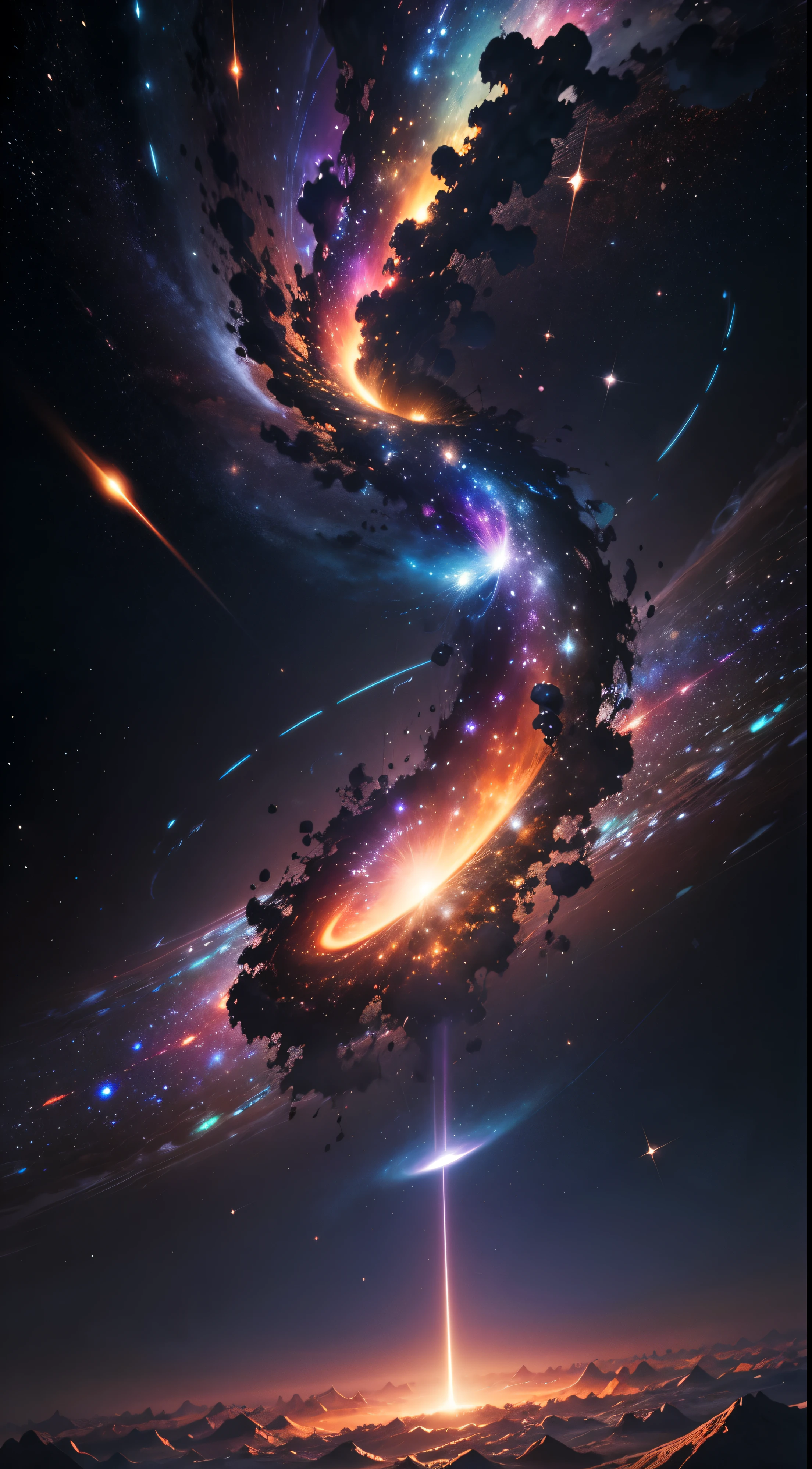 The breathtaking moment galaxies collide, Subjective、The rushing in, Swirling nebulae and space debris, Emphasize movement, Speed, CG digital rendering,Ultra HD,Highly detailed technology, Triad color scheme