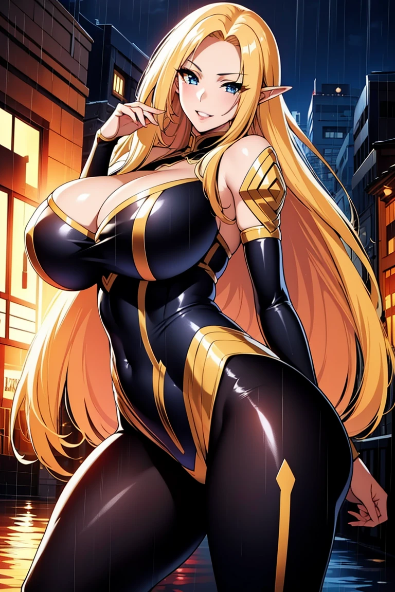 AlphaNDV, 1girl, blonde hair, blue eyes, large breasts, very long hair, elf, pointy ears, black bodysuit
(Art: 1.2), (best quality: 1.2) alpha, 1 woman, mature, tall (1.85), She appeared to be around 28 years old, had long golden hair, straight and shiny hair, blood red eyes, extremely detailed, perfect eyes , extremely realistic eyes, well-aligned eyes, long eyelashes, anime style, perfect face, milf face, full lips, smiling, mature, clear skin, natural body, sexy body, MILF body, hands on waist, perfect hands, detailed hands, hands well proportioned to the body, realistic hands, arms with good anatomy, she wore an immortal black with golden bodysuite, the bodysuite still couldn't hide her extremely large and huge breasts that were hanging down due to her size, thick thighs, wide hips, Looking at the viewer, background scenery, scenery at a Chinese viewpoint on the edge of a lake, in the background posing the setting sun, alone Looking at the viewer, breasts only visible from aside and from the bottem, extremely huge breasts, breast are flopping out of the dress because they are to big
BREAK
Masterpiece, best quality, high resolution, 8K, official art, super resolution, extremely detailed and beautiful, extremely detailed, amazing and detailed, highly detailed beautiful girl, highly detailed face, highly detailed eyes, highly detailed skin, highly detailed fingers, highly detailed nose, very detailed mouth, perfect anatomy, huge breasts, big breasts
BREAK
night, outdoor, neon street, elm street, rain, midnight, late at night, darkness, extremely detailed CG unity 16k, very fine 16KCG wallpapers