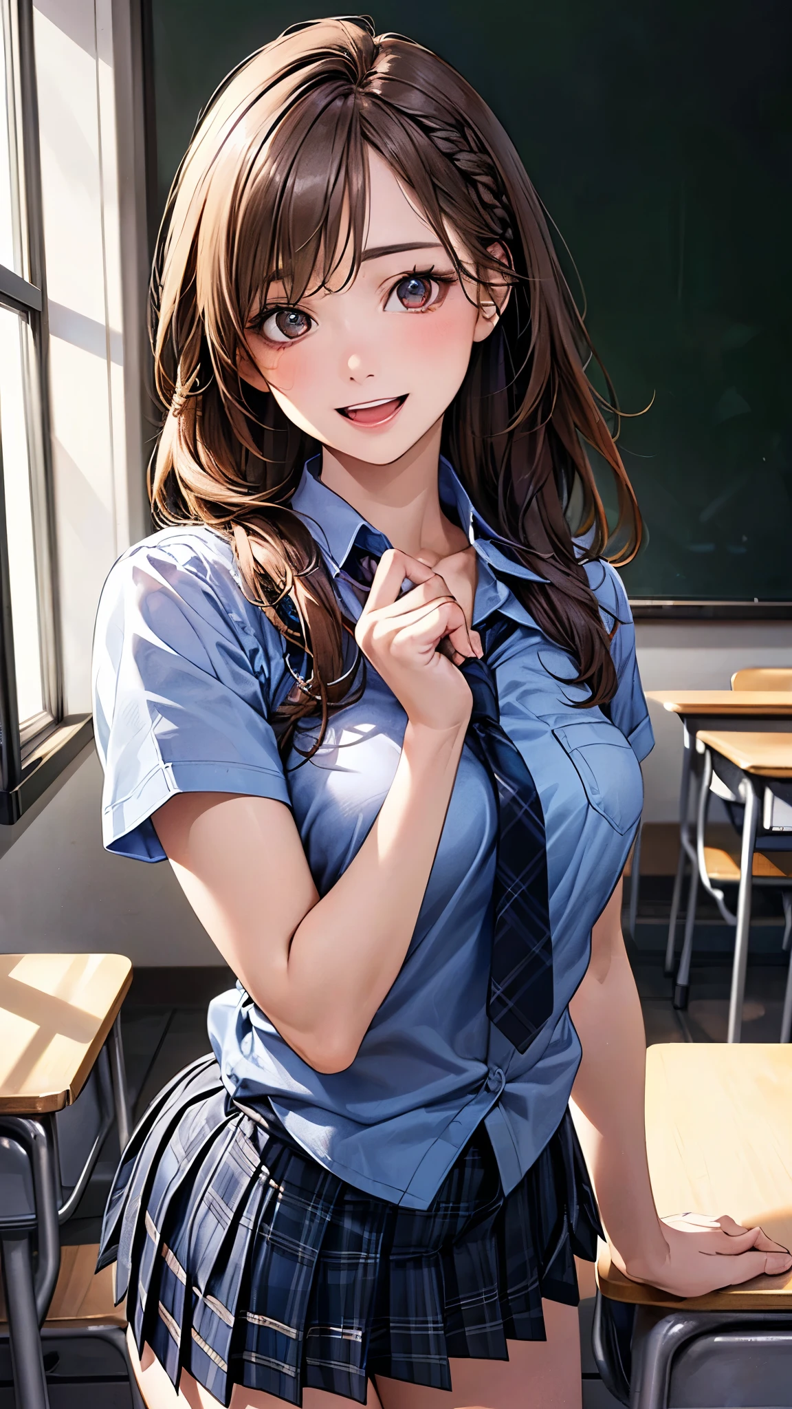 (masterpiece:1.2, top-quality), (realistic, photorealistic:1.4), beautiful illustration, (natural side lighting, movie lighting), depth of fields, nsfw,
beautiful detailed hair, beautiful detailed face, beautiful detailed eyes, beautiful clavicle, beautiful body, beautiful chest, beautiful thigh, beautiful legs,
looking at viewer, 1 girl, 12 years old, (perfect anatomy, anatomically correct, super detailed skin), cute and symmetrical face, perfect face, perfect eyes, perfect fingers, five fingers,
(long hair, straight hair, light brown hair), braided bangs, break light brown eyes, big eyes, (medium breasts, seductive thighs), perfect body, shiny skin, pink skin,
(detailed cloth texture), break ((short sleeve black collared shirt)), break ((blue plaid pleated skirt)), break ((blue plaid tie)), break
(beautiful scenery), morning, (school classroom:1.2, blackboard), standing, (lovely smile, upper eyes, open mouth),