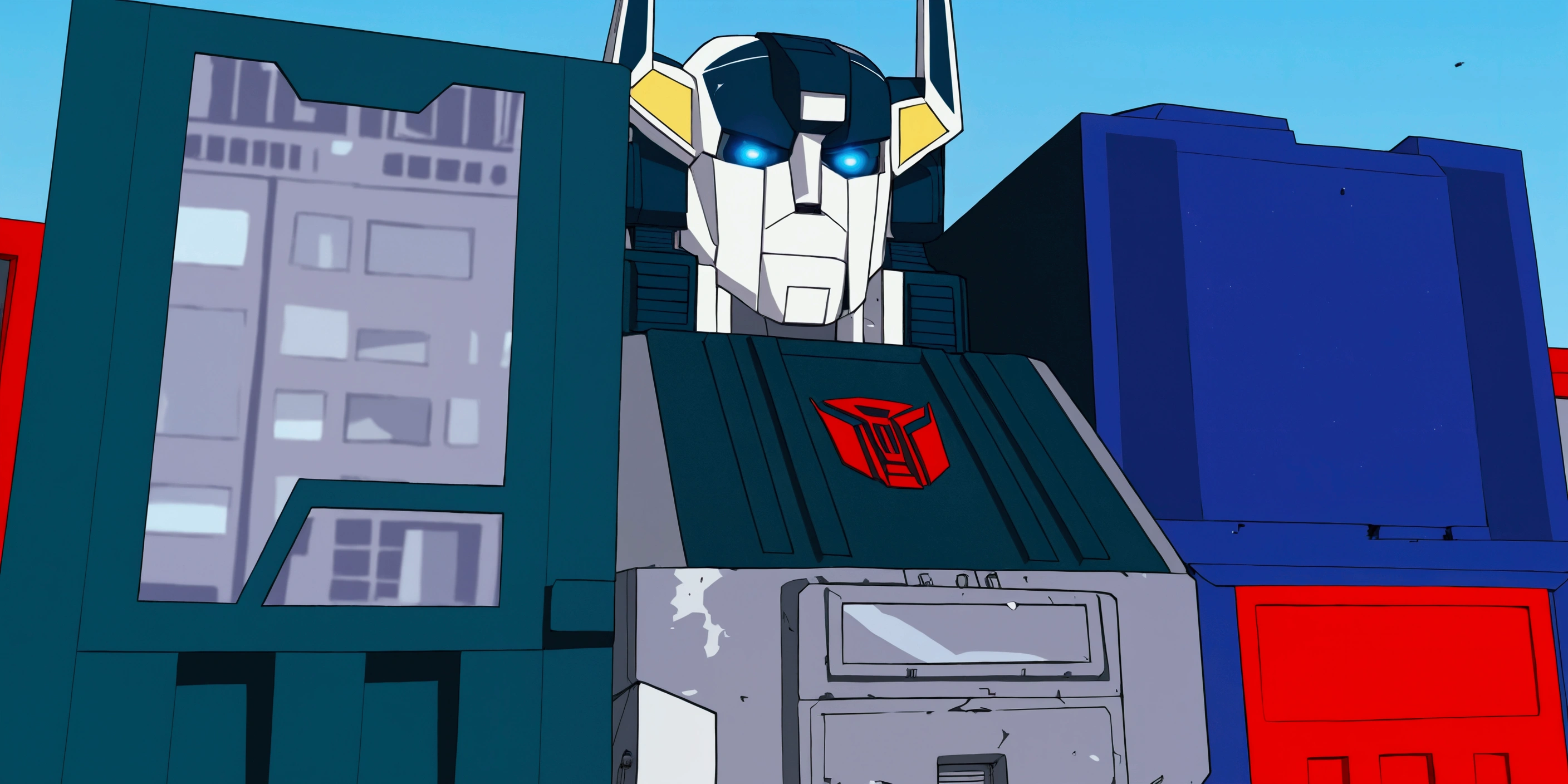 a cartoon of a robot standing on top of a building, from transformers, transformers g1, in the movie transformers, discarded mechsuit in background, tony sart highly detailed, cel - shaded art style, soundwave, discarded mech in background, !!! very coherent!!! vector art, the city iacon cybertron, cybertronian, cel-shading style
