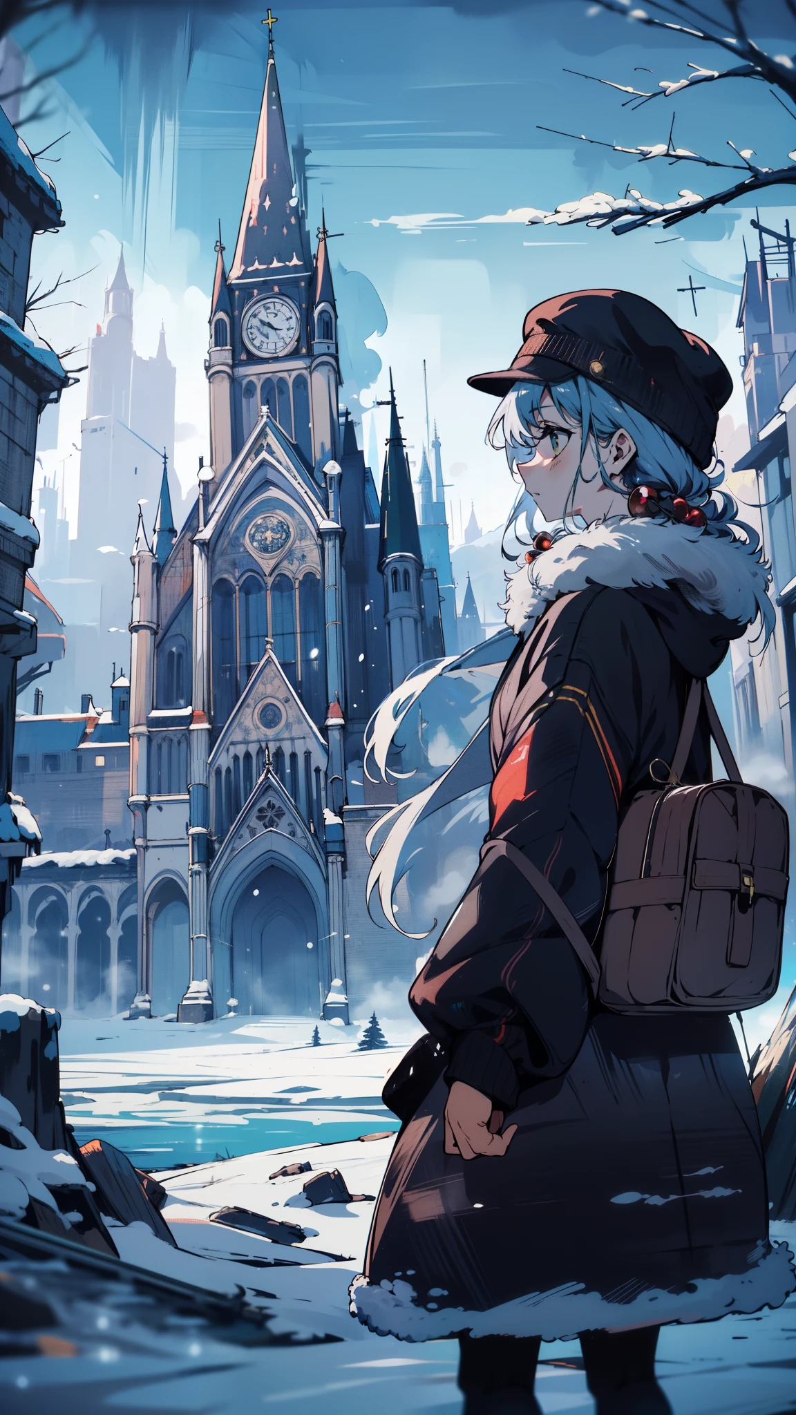(high quality), (masterpiece), (detailed), 8K, In heart of (desolate, frozen city1.3), character resolutely searches scraps and debris surrounding once-grand (Clockwork Cathedral1.3). Building, now ruin of frost and vines, looms ominously as winter's chill sets (stark, haunting atmosphere1.3). (high quality), (masterpiece), (detailed), 8K, Anime style character with (cool and edgy tattoos1.3), dressed in (fashionable clothing1.2), posing confidently. Expression fierce, stylish accessory coiled around arm. Thicker outlines emphasize striking, modern fashion, vibrant palette enhances scene.