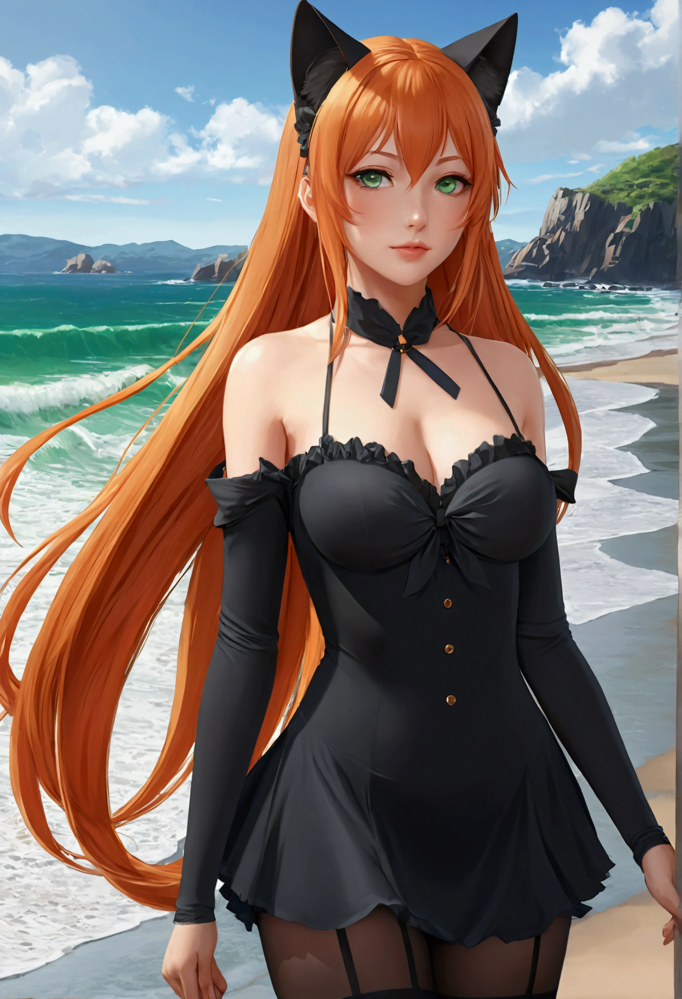 anime girl with long orange hair standing on beach near ocean, green eyes detailed digital anime art, cat ears, , anime girl with long hair, smooth anime cg art, anime girl with long hair, average breast size, digital anime art, artwork in the style of guweiz, beautiful anime portrait, photorealistic anime girl render, beautiful anime girl, advanced digital anime art, pantyhose, guweiz on artstation pixiv upscale HD UHD HQ
