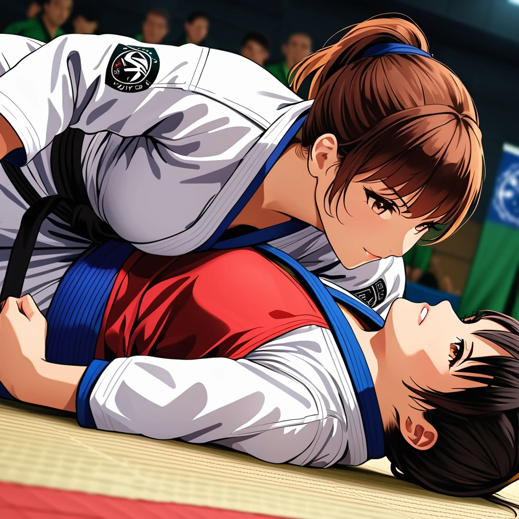 high quality,HD,16k,sharp lines,2 girl,Female brazilian jiu jitsu athlete ,cute face, large breasts, nice legs,At the brazilian jiu jitsu venue,focus girl,detailed beautiful face,detailed clothes,beautiful eyes,cool,dynamic angle,in a close and intense fight on a mat, showing their submission hold techniques with a lot of sweat on their body