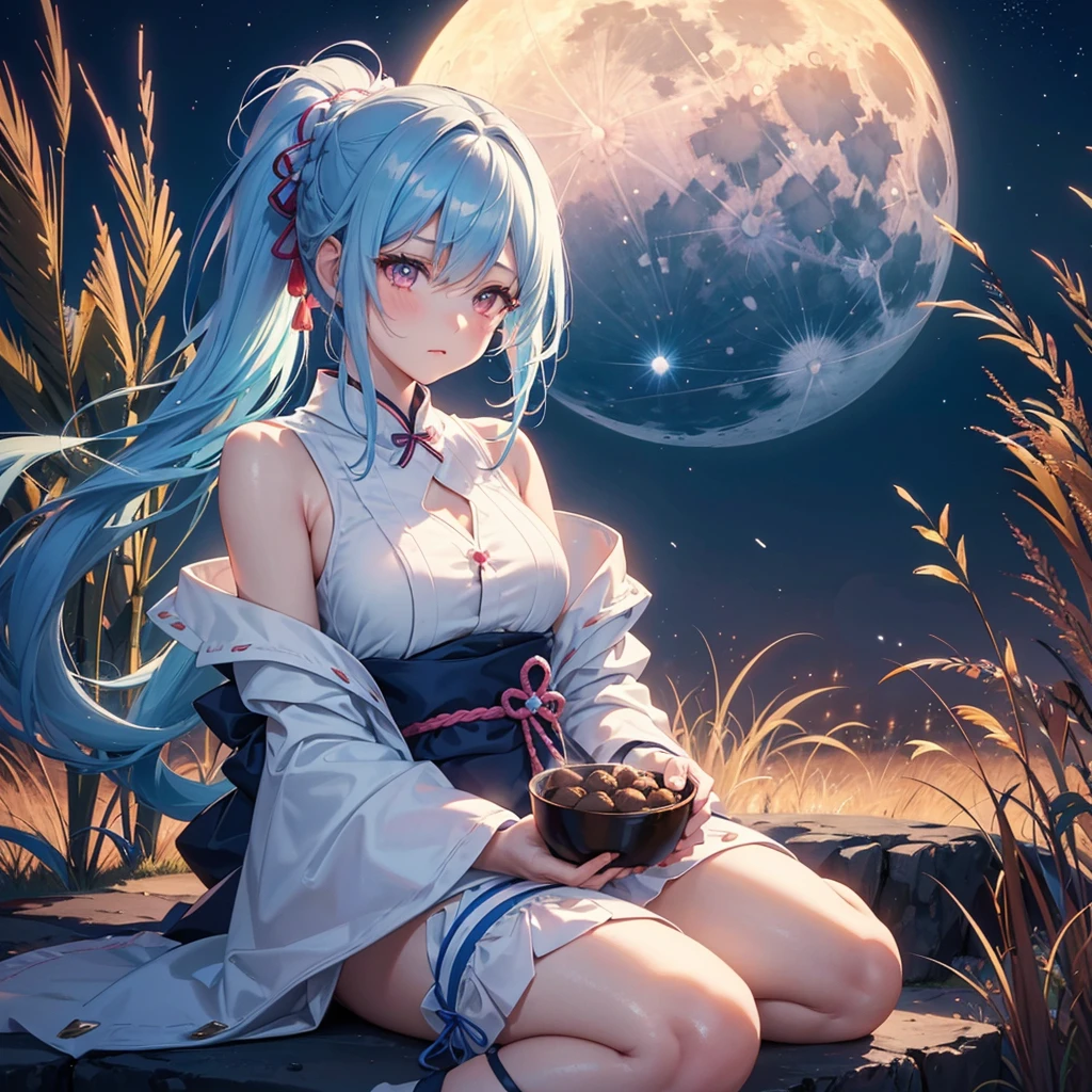 Sky blue hair, (Braided Ponytail), Pink eyes,Fair skin ,(whole body),(One Girl),Tsukimi,(White sweet dumplings ),Japanese pampas grass,(beautiful, Full moon shining in the night sky),(masterpiece, Highest quality, Very detailed, Best Shadow), (Detailed Background), (Beautifully detailed face), High Contrast, (Best lighting, Very delicate and beautiful), ((Cinematic Light)), colorful, Hyper Detail,8k, Dramatic Light, Intricate details,Sit and eat dumplings while watching the moon,(Shadow of a rabbit on the moon),mysterious
