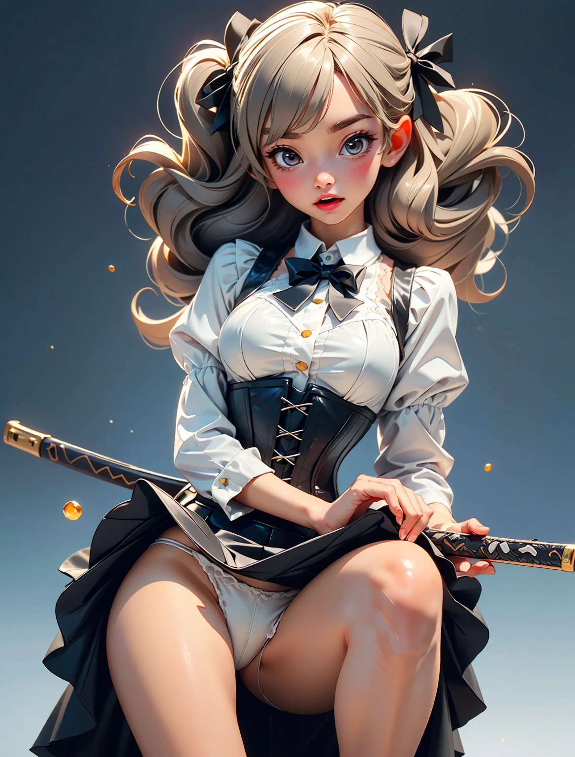 RAW Photos, Highest quality, High resolution, Realistic, One girl、Young Japanese Girl, , Full body portrait, Expressionless, poker face, Stone Face, model, Big Breasts, short hair, Wavy Hair, Curly Hair, Gray Hair, Silver Hair, Light brown hair, Hollow Eyes, Hollow Eyes, ((Thin thighs)), Diagonal bangs, Cute Face, Shiny skin, Beautiful body, Beautiful Skin, concentrate , Naked from below, (school uniform, Lead Bow Tie, Black apron dress, Highly detailed corset, Gothic, Frill dress, Beautiful embroidery, (Long skirt:1.2):1.4), (Skirt flip:1.5) show, underwear, simple underwear, (Squat、One knee:1.5)、(Spread your legs:1.5)、((Showing white panties))、Good lift、Exposing the breasts、Showing off a white bra、Troubled face、climax、Excited、close your eyes、Open your mouth、Sword Drawing Technique, Battoujutsu