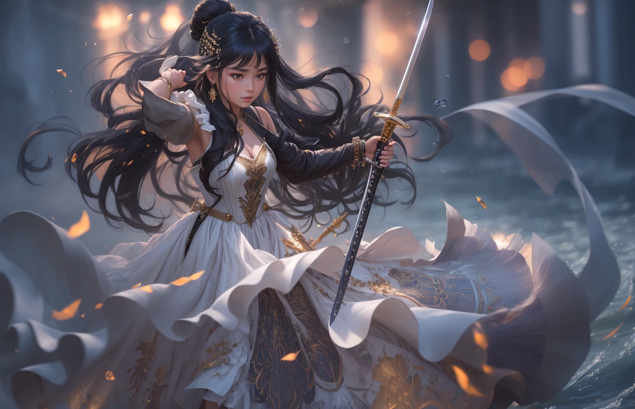 Best quality, masterpiece, most of the body, (background: garden), 1 girl, mature woman, chinoiserie, ancient China, sister, dancer, dark brown hair, dark hair, princess cut, twisted braid, curly hair, double ball head, coiled hair, streamer, pale pink lips, calm, intellectual, tassel, silver thread, beaded, peony flower, robe, silk skirt, embroidery, delicate face, close-up, light-colored clothes, pretty face, realistic, edge lighting, two-tone lighting, (high detail skin :1.2), 8K UHD, DSLR, Soft Light, High Quality, Photo, High Resolution, 4K, 8K, Bokeh, Lute, Headgear, Detail Hand