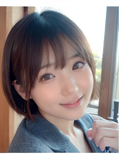 (masterpiece:1.3), (8k, Realistic, RAW Photos, Highest quality: 1.4)、White interior、Natural light、、At the cafe、smile、Woman with medium short hair、Japanese Idols、Round face、Yoshitomo Nara, Ayaka, Japanese facial features, Mott Hall, narumi kakinouchi, A real young gravure idol, that'BitterSweet, Chiho, Another close-up of Iwakura, Pretty girl - well-groomed face
