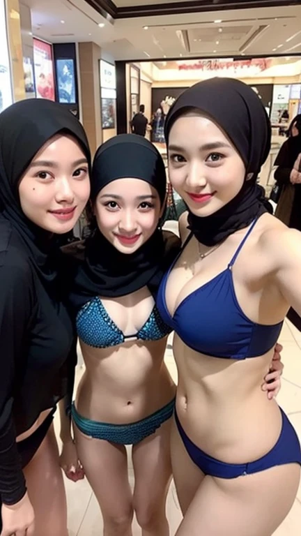 Three Beautuful Women, sexy、hijab, wearing a bikini, indonesian、selfee、 Mall、The face is cute、Vanrak Ayyans appears. beautiful, Flashlight