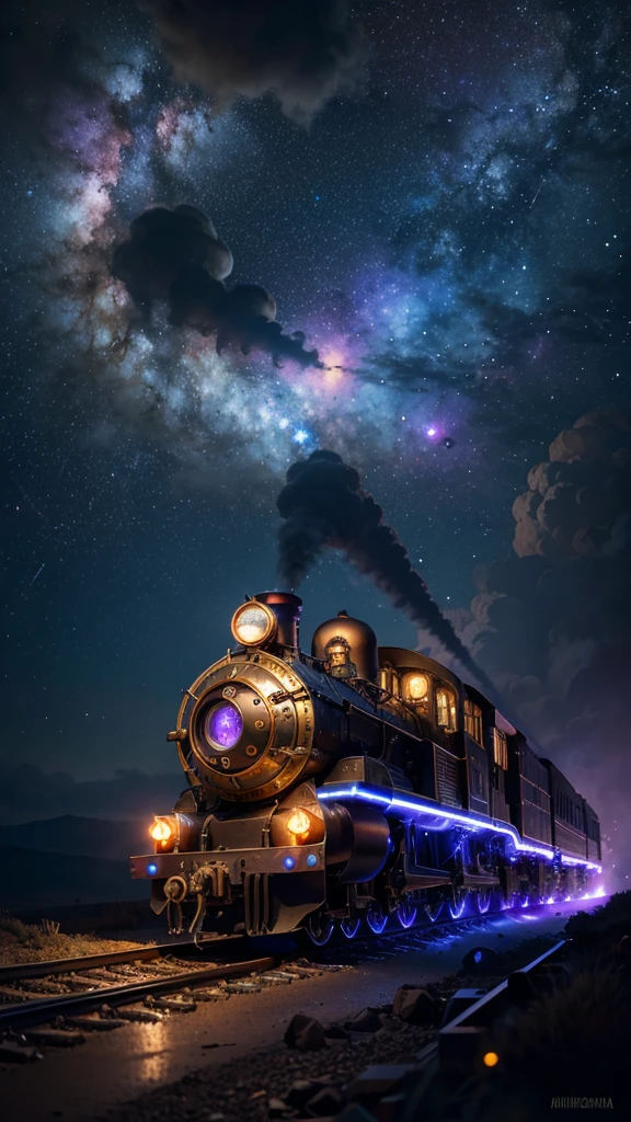 a steampunk mechanical locomotive floating in space, sleek futuristic design, glowing engines, large circular porthole windows, surrounded by swirling nebulae, glowing purple and blue cosmic clouds, sparkling stars, cinematic lighting, highly detailed, 8k, photorealistic, award winning digital art